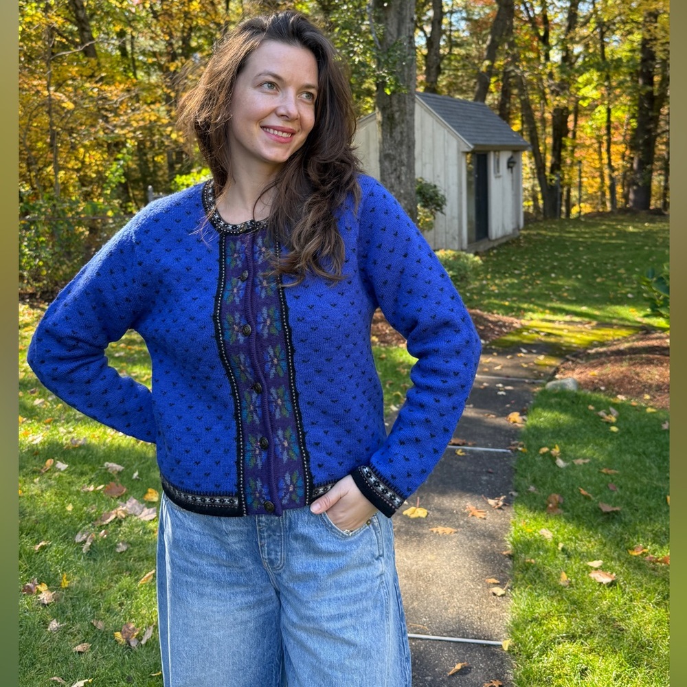 The Ultimate Grandma/Cottagecore Tally Ho Vibrant Blue Boiled Wool Cardigan sz M
